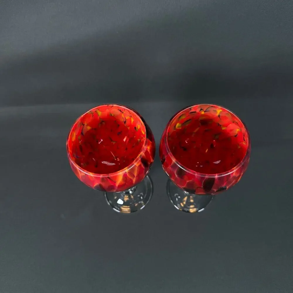 Lot of 2 Crystal Glass Wine Goblets Red Orange Swirl Signed studio art craft